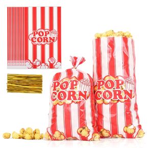 أكياس الفشار البلاستيكية 100 قطعة من أكياس الوجبات الخفيفة الفردية مع 100 قطعة من ربطات عنق ملتوية لحاويات الوجبات الخفيفة للحفلات لمستلزمات الأفلام الليلية - شريط أبيض وأسود in Kuwait