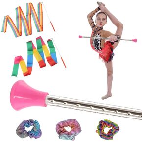 عصا التدوير، عصا التدوير 21.6 بوصة من الفولاذ المقاوم للصدأ 2 شريط الجمباز الإيقاعي 3 أربطة شعر قوس قزح مناسبة للمبتدئين باللون الوردي (21.6 بوصة) in Kuwait