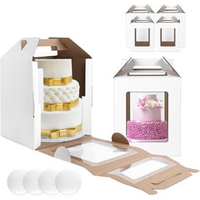 4 Pack Tall Cake Boxes 12x12x14 & 10x10x12 Inches with Cake Board - Large Disposable Layer Baking Carrier Tier Bakery Take Out Transport Containers With Window for Wedding, Birthday, Party White in Saudi Arabia