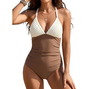 B2prity One Piece Swimsuit for Women Tummy Control Ruched Bathing Suit V Neck Slimming Swim Suit Cross Tie Back Swimwear in Kuwait