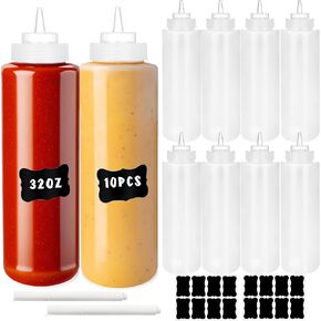10 Pack 32 oz Large Squeeze Bottle Clear Wide Mouth Condiment Bottles Sauces Dispensers for Chocolate Ketchup Mustard BBQ Grill Restaurant with 16 Labels and 2 Pen in Kuwait