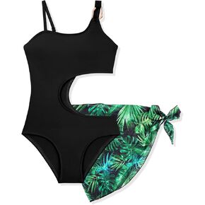 Ochine Girls Swimsuit Quick Dry Cut Out One Piece Bathing Suit with Hawaiian Tropical Print Cover Up Skirt 9-16Y in Kuwait