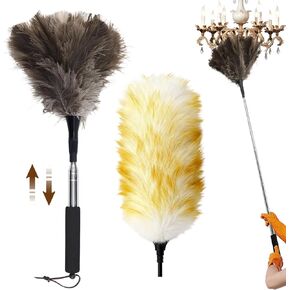 Extendable Ostrich Feather Duster with Bonus Wool Feather Duster Head - Natural Fluffy Non-Slip Handle Feathers Dusters for Cleaning Ceiling Fans, Blinds, Roof Dusting, High Surfaces (18-48 in) in Kuwait