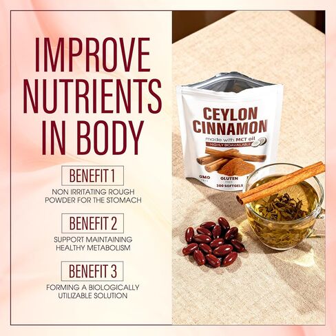 Lirae Ceylon Cinnamon Capsules,300 Softgels Equivalent with Mct Oil,Extra Strength Cinnamon Supplements,Non-GMO, Gluten Free (1) in Saudi Arabia