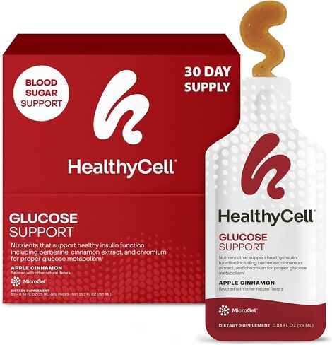 مكمل دعم الجلوكوز HealthyCell لدعم سكر الدم المتوازن - البربارين والقرفة والكروم لوظيفة الأنسولين الصحية واستقلاب الجلوكوز السليم - 30 عبوة جل، بنكهة قرفة التفاح in Kuwait