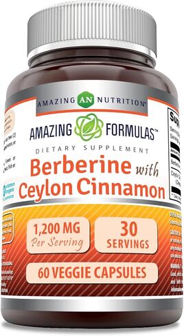 Amazing Formulas Berberine with Pure Ceylon Cinnamon 1200 Mg Per Serving | Premium Complex Supplement | Veggie Capsules | Non-GMO | Gluten Free | Made in USA (1 Pack, 60 Count) in Saudi Arabia