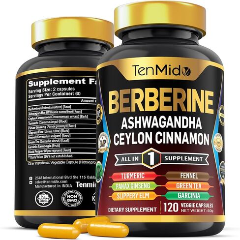 Berberine Supplement - 10in1 Formula with Ashwagandha, Ceylon Cinnamon, Turmeric, Panax Ginseng, Slippery Elm, Fennel, Green Tea, & More - Immune, Digestive Support - 120 Caps in Saudi Arabia