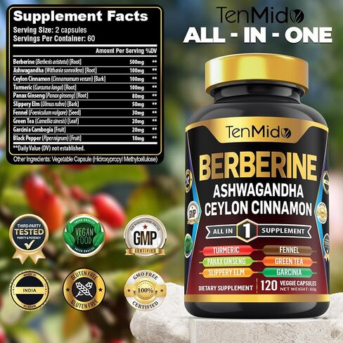 Berberine Supplement - 10in1 Formula with Ashwagandha, Ceylon Cinnamon, Turmeric, Panax Ginseng, Slippery Elm, Fennel, Green Tea, & More - Immune, Digestive Support - 120 Caps in Saudi Arabia