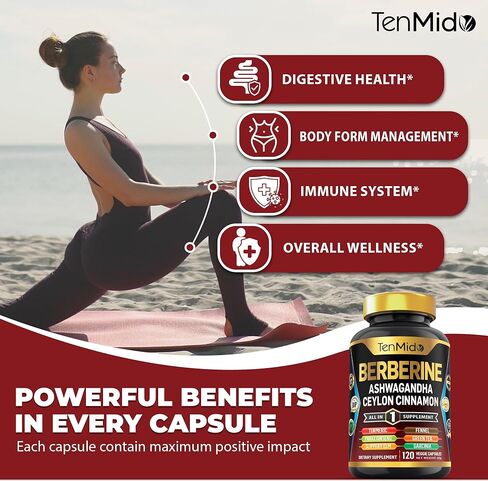 Berberine Supplement - 10in1 Formula with Ashwagandha, Ceylon Cinnamon, Turmeric, Panax Ginseng, Slippery Elm, Fennel, Green Tea, & More - Immune, Digestive Support - 120 Caps in Saudi Arabia