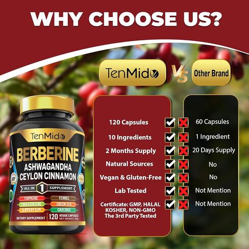 Berberine Supplement - 10in1 Formula with Ashwagandha, Ceylon Cinnamon, Turmeric, Panax Ginseng, Slippery Elm, Fennel, Green Tea, & More - Immune, Digestive Support - 120 Caps in Saudi Arabia