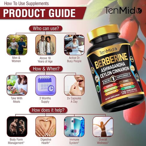 Berberine Supplement - 10in1 Formula with Ashwagandha, Ceylon Cinnamon, Turmeric, Panax Ginseng, Slippery Elm, Fennel, Green Tea, & More - Immune, Digestive Support - 120 Caps in Saudi Arabia