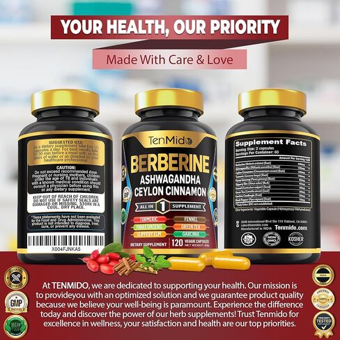 Berberine Supplement - 10in1 Formula with Ashwagandha, Ceylon Cinnamon, Turmeric, Panax Ginseng, Slippery Elm, Fennel, Green Tea, & More - Immune, Digestive Support - 120 Caps in Saudi Arabia