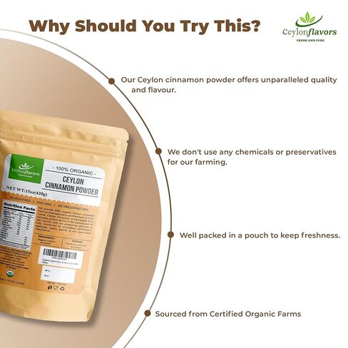 Organic Ceylon Cinnamon Powder, 15 oz, True Cinnamon, Premium Grade, Harvested & Packed from a USDA Certified Organic Farm in Sri Lanka in Saudi Arabia