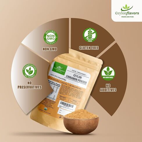 Organic Ceylon Cinnamon Powder, 15 oz, True Cinnamon, Premium Grade, Harvested & Packed from a USDA Certified Organic Farm in Sri Lanka in Saudi Arabia