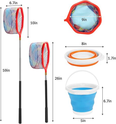 2Pack Kids Noving Landing Net و Duchet مجموعة ، 59 بوصة شبكات صيد خفيفة الوزن مع قطب تلسكوبي ، مقبض غير قابل للانزلاق ، دلو قابل للطي للشاطئ ، البركة ، الحديقة ، الصيد في الهواء الطلق والإفراج in Kuwait