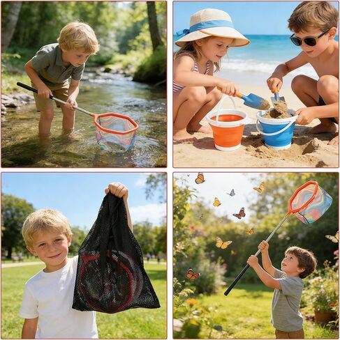 2Pack Kids Noving Landing Net و Duchet مجموعة ، 59 بوصة شبكات صيد خفيفة الوزن مع قطب تلسكوبي ، مقبض غير قابل للانزلاق ، دلو قابل للطي للشاطئ ، البركة ، الحديقة ، الصيد في الهواء الطلق والإفراج in Kuwait