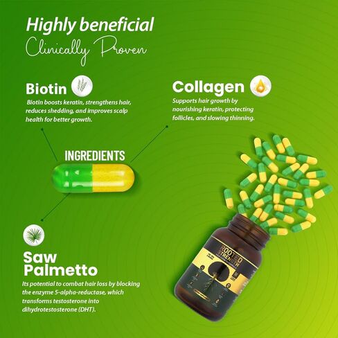 فيتامينات نمو الشعر ذات القوة الجذرية - فيتامينات الشعر للنساء والرجال ذوي البشرة السمراء مع مانع DHT والكولاجين، البيوتين المتقدم لنمو الشعر للنساء، 60 كبسولة، كمية تكفي لمدة شهر واحد، لشعر أكثر سمكًا وأقوى in Kuwait