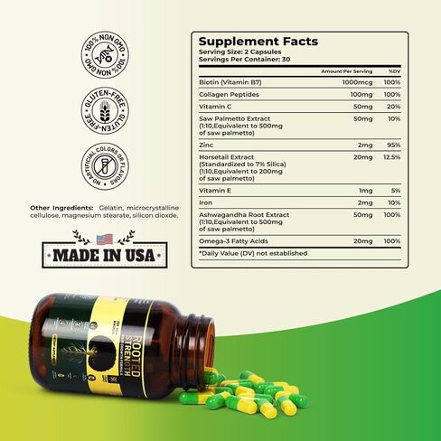 فيتامينات نمو الشعر ذات القوة الجذرية - فيتامينات الشعر للنساء والرجال ذوي البشرة السمراء مع مانع DHT والكولاجين، البيوتين المتقدم لنمو الشعر للنساء، 60 كبسولة، كمية تكفي لمدة شهر واحد، لشعر أكثر سمكًا وأقوى in Kuwait