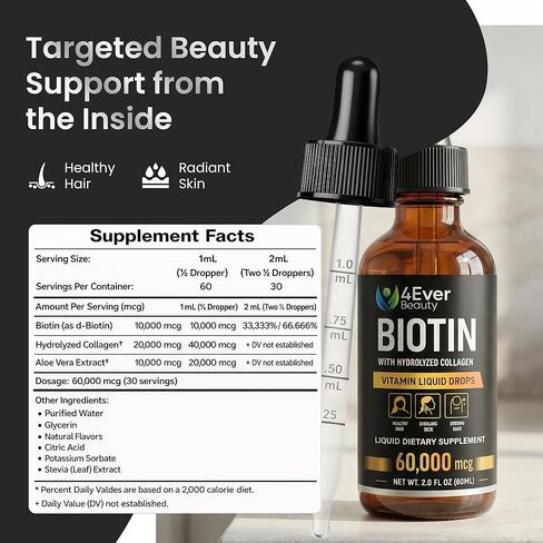 Liquid Biotin & Collagen Drops with Aloe Vera – Unique Formula 60,000 mcg - Vitamins for Hair Growth support, Strong Nails & Radiant Skin – Liquid Collagen Supplement for Women & Men – 2 fl oz in Saudi Arabia