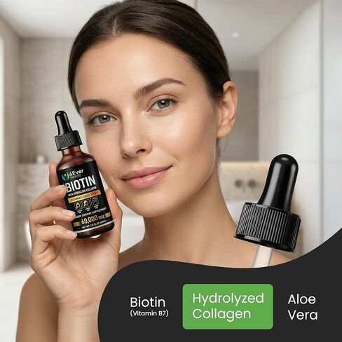 Liquid Biotin & Collagen Drops with Aloe Vera – Unique Formula 60,000 mcg - Vitamins for Hair Growth support, Strong Nails & Radiant Skin – Liquid Collagen Supplement for Women & Men – 2 fl oz in Saudi Arabia
