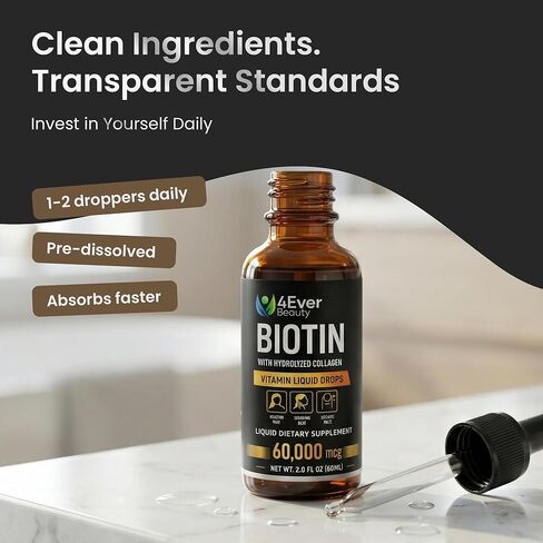 Liquid Biotin & Collagen Drops with Aloe Vera – Unique Formula 60,000 mcg - Vitamins for Hair Growth support, Strong Nails & Radiant Skin – Liquid Collagen Supplement for Women & Men – 2 fl oz in Saudi Arabia