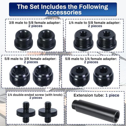 مجموعة واحدة من براغي محول حامل الميكروفون مع أنابيب تمديد، بما في ذلك 3/8 و1/4 إلى 5/8 خيوط داخلية، 5/8 إلى 3/8 و1/4 واجهات مترابطة، برغي مزدوج الأطراف، مناسب لذراع ذراع الميكروفون in Kuwait