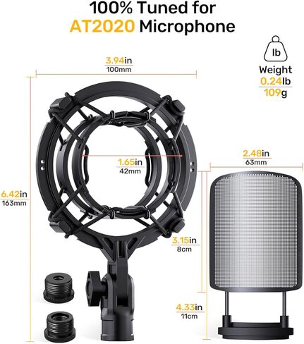 Custom AT2020 Microphone Shock Mount with Metal Pop Filter, Anti-Vibration Suspension Shock Mount Mic Holder Clip Compatible with Audio Technica AT2020 AT2035 AT2020USB ATR2050 AT3035 AT3060 Mic in Kuwait