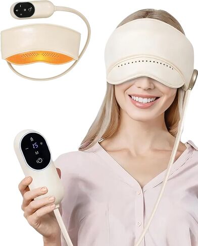 Sleep Mask with Heat,4 Modes 3 Temperature Settings,6 Airbags Compression Head and Eye Massager,Eye Care Device with Remote Control, Portable Relaxation for Home Travel Office Use (Creamy White) in Saudi Arabia