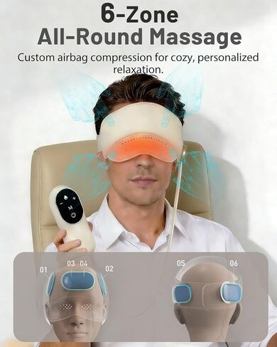 Sleep Mask with Heat,4 Modes 3 Temperature Settings,6 Airbags Compression Head and Eye Massager,Eye Care Device with Remote Control, Portable Relaxation for Home Travel Office Use (Creamy White) in Saudi Arabia