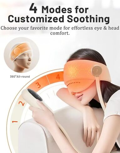 Sleep Mask with Heat,4 Modes 3 Temperature Settings,6 Airbags Compression Head and Eye Massager,Eye Care Device with Remote Control, Portable Relaxation for Home Travel Office Use (Creamy White) in Saudi Arabia
