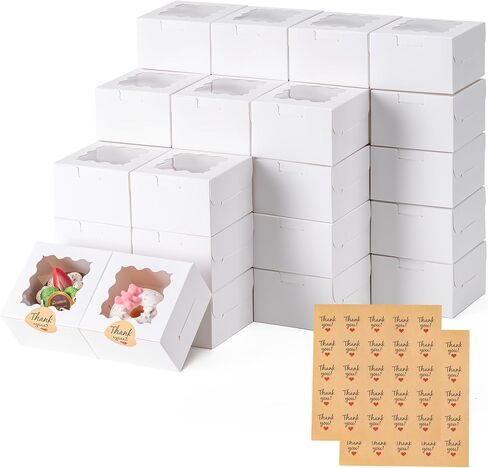50pcs Cookie Boxes with Window, 4x4x2.5 Inches Bakery Boxes with 50pcs Stickers for Cookies, Bakery, Desserts, Candy, Chocolate Covered Strawberries, Mini Cake (White) in Kuwait