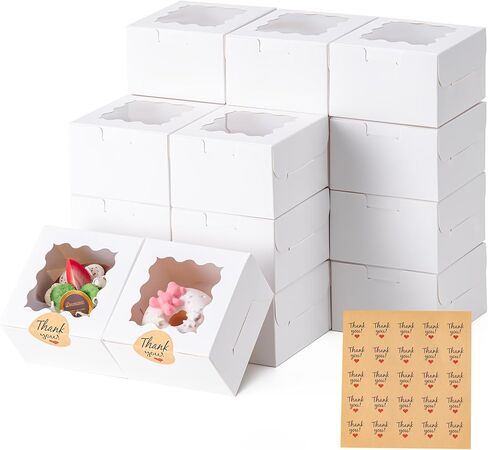 50pcs Cookie Boxes with Window, 4x4x2.5 Inches Bakery Boxes with 50pcs Stickers for Cookies, Bakery, Desserts, Candy, Chocolate Covered Strawberries, Mini Cake (White) in Saudi Arabia