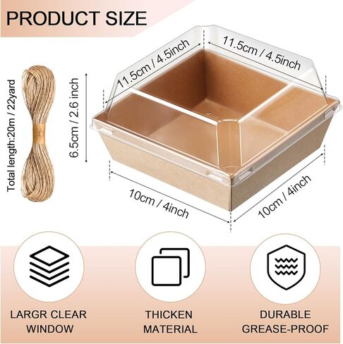 Jetec 150 Pack Charcuterie Boxes with Clear Lids and Rope 4 Inches Cake Disposable Square Dessert Food Box Containers with Lids for Bakery Macaron Cookies Strawberries Fruits Display (Kraft) in Saudi Arabia