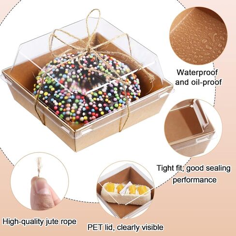 Jetec 150 Pack Charcuterie Boxes with Clear Lids and Rope 4 Inches Cake Disposable Square Dessert Food Box Containers with Lids for Bakery Macaron Cookies Strawberries Fruits Display (Kraft) in Saudi Arabia