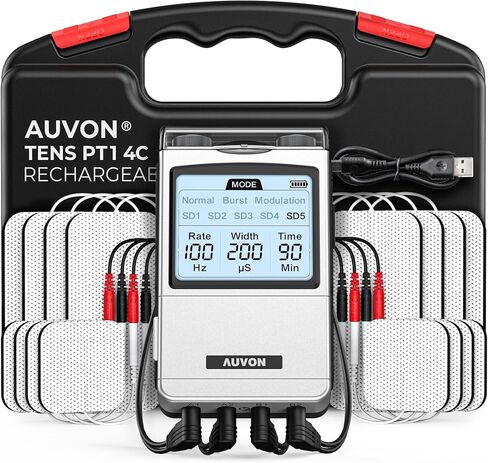 AUVON Rechargeable 4-Channel TENS Unit Muscle Stimulator for Back Pain Relief, Digital TENS Machine with 8 Customizable Modes, Electronic Pulse Massager Easy to Use, 16 Premium TENS Pads, A Carry Case in Saudi Arabia