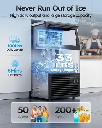 صانع ثلج تجاري، 100 رطل/24 ساعة مع تخزين ثلج 33 رطلًا تحت آلة صنع الثلج، صانع ثلج قائم بذاته من الفولاذ المقاوم للصدأ للتنظيف الذاتي للبار/المقهى/المطعم in Kuwait