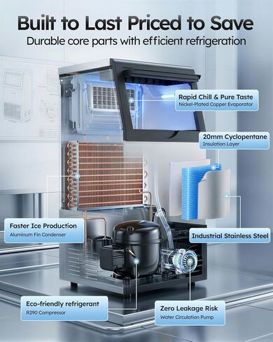 صانع ثلج تجاري، 100 رطل/24 ساعة مع تخزين ثلج 33 رطلًا تحت آلة صنع الثلج، صانع ثلج قائم بذاته من الفولاذ المقاوم للصدأ للتنظيف الذاتي للبار/المقهى/المطعم in Kuwait