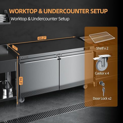 Coolski Commercial Freezer, 27"W Single Door Under Counter Freezer with 7.5 Cu.ft., -13℉to -5℉ Stainless Steel Fan Cooling Worktop Freezer for Restaurant, Bar, Kitchen, Food Truck in Kuwait