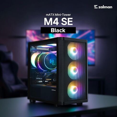 حافظة كمبيوتر الألعاب Zalman M4 ARGB - 4 مراوح RGB قابلة للتحكم مقاس 120 مم مثبتة مسبقًا - لوحة جانبية من الزجاج المقوى بباب متأرجح - برج صغير (Micro ATX، Mini-ITX)، أسود in Kuwait