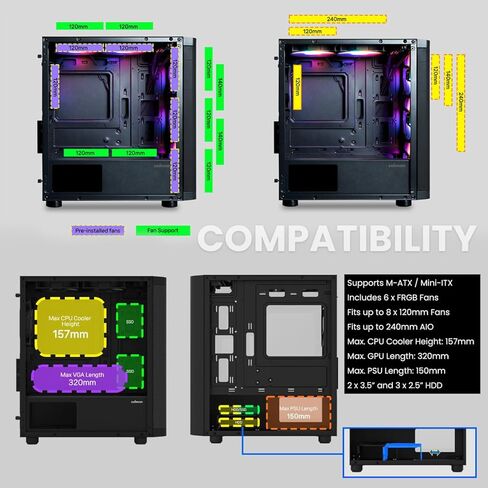 حافظة كمبيوتر الألعاب Zalman M4 ARGB - 4 مراوح RGB قابلة للتحكم مقاس 120 مم مثبتة مسبقًا - لوحة جانبية من الزجاج المقوى بباب متأرجح - برج صغير (Micro ATX، Mini-ITX)، أسود in Kuwait