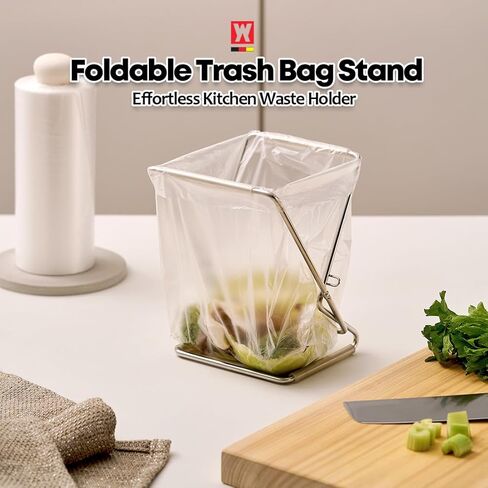حامل أكياس القمامة من الفولاذ المقاوم للصدأ قابل للطي من WAGENSTEIGER مقاس 13 × 17 سم (5.12 بوصة × 6.69 بوصة) حامل نفايات صغير الحجم لإعداد طعام المطبخ واستخدام سطح المكتب والتخييم | إطار حقيبة سهل الطي وموفر للمساحة in Kuwait