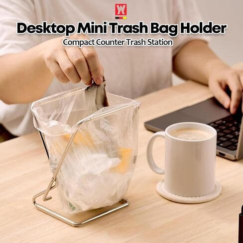 حامل أكياس القمامة من الفولاذ المقاوم للصدأ قابل للطي من WAGENSTEIGER مقاس 13 × 17 سم (5.12 بوصة × 6.69 بوصة) حامل نفايات صغير الحجم لإعداد طعام المطبخ واستخدام سطح المكتب والتخييم | إطار حقيبة سهل الطي وموفر للمساحة in Kuwait