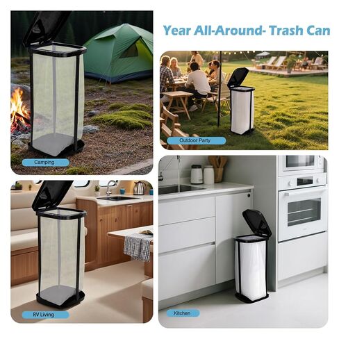 Collapsible Trash Bag Holder Portable Garbage Bin Holder Stand for Kitchen Outside High Capacity Plastic Outdoor Trash Can with Lid for Parties and Camping, Black in Saudi Arabia