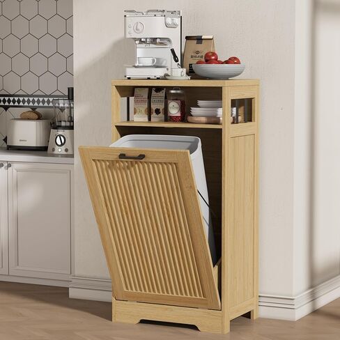 2 x 13 Gallons Double Tilt Out Trash Can Cabinet, Hidden Fluted Garbage Can Cabinet with Open Storage Shelf, Wooden Trash Can Holder for Kitchen, Living Room, Bathroom, Laundry Room, Black in Saudi Arabia