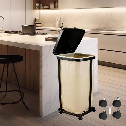 حامل أكياس قمامة قابل للطي مع غطاء و4 عجلات - حامل أكياس قمامة بلاستيكي بارتفاع قابل للتعديل بـ 3 مستويات، سلة مهملات بسعة 13 جالون، للمطبخ، ساحة التخييم، RV داخلي وخارجي in Kuwait