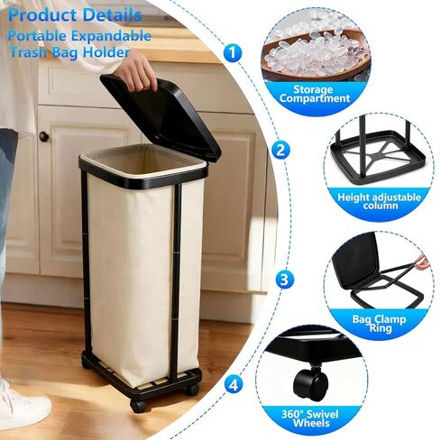 حامل أكياس قمامة قابل للطي مع غطاء و4 عجلات - حامل أكياس قمامة بلاستيكي بارتفاع قابل للتعديل بـ 3 مستويات، سلة مهملات بسعة 13 جالون، للمطبخ، ساحة التخييم، RV داخلي وخارجي in Kuwait