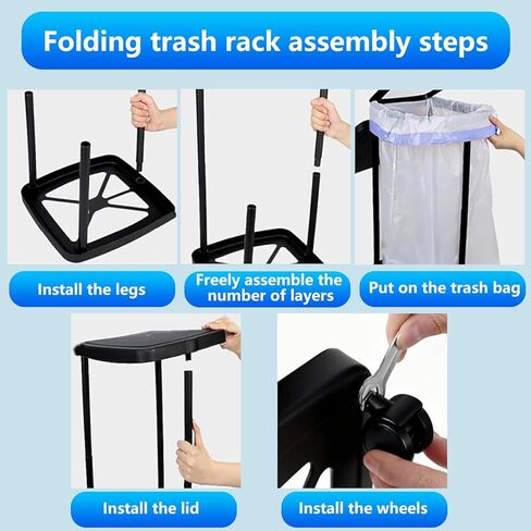 حامل أكياس قمامة قابل للطي مع غطاء و4 عجلات - حامل أكياس قمامة بلاستيكي بارتفاع قابل للتعديل بـ 3 مستويات، سلة مهملات بسعة 13 جالون، للمطبخ، ساحة التخييم، RV داخلي وخارجي in Kuwait