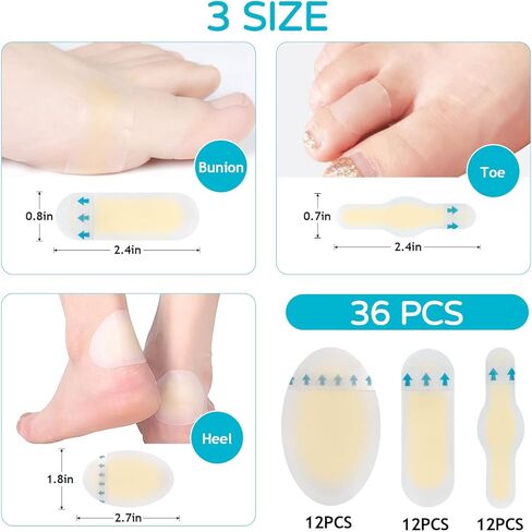 36PCS Hydrocolloid Blister Bandages – Waterproof Gel Cushions Pads for Blister Prevention & Relief, Feet & Toes Blister Prevention & Recovery (Variety Pack) in Kuwait