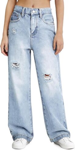 PATPAT Girls Wide Leg Jeans Size 4-14 Years Elastic Waist Ultra Stretch Baggy Jeans with Pockets in Saudi Arabia