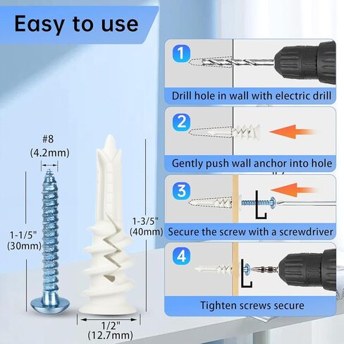 101PCS Self Drilling Drywall Anchors Kit with Screws, #8×1-3/5 Dry Wall Anchors and Self Drilling Screws with Bit for Gypsum Board, Sheetrock, No Pre Drill Required, Heavy Duty Holds 75LB. in Saudi Arabia